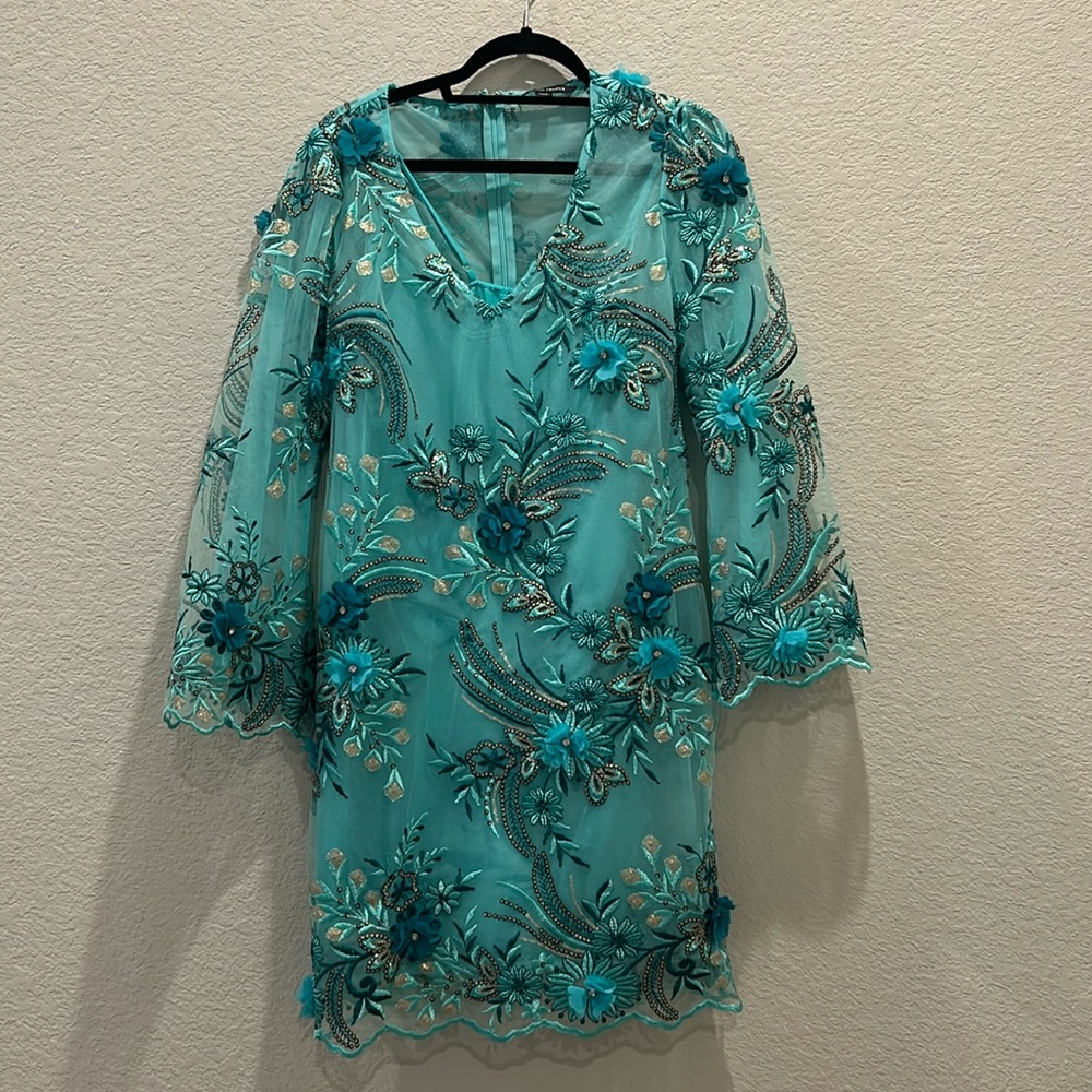 Boston Proper Teal floral appliqué dress. Size 6